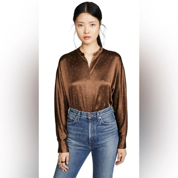 Vince  Satin Dot Print Popover Button Up Woodbine Blouse - Picture 10 of 10